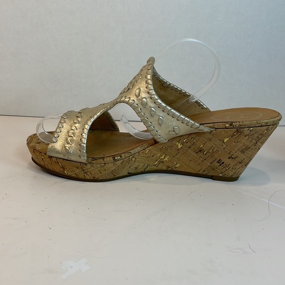 🌸JACK ROGERS PLATINUM LEATHER WEDGE SANDALS WITH CORK HEEL SIZE 9M. - Picture 5 of 9